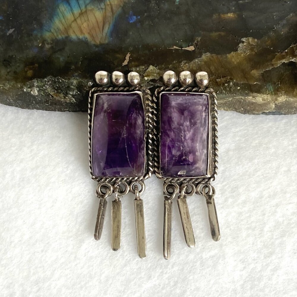 VTG Sterling Silver 925 Mexico Bezel Set Loaf Faceted Double Amethyst Brooch